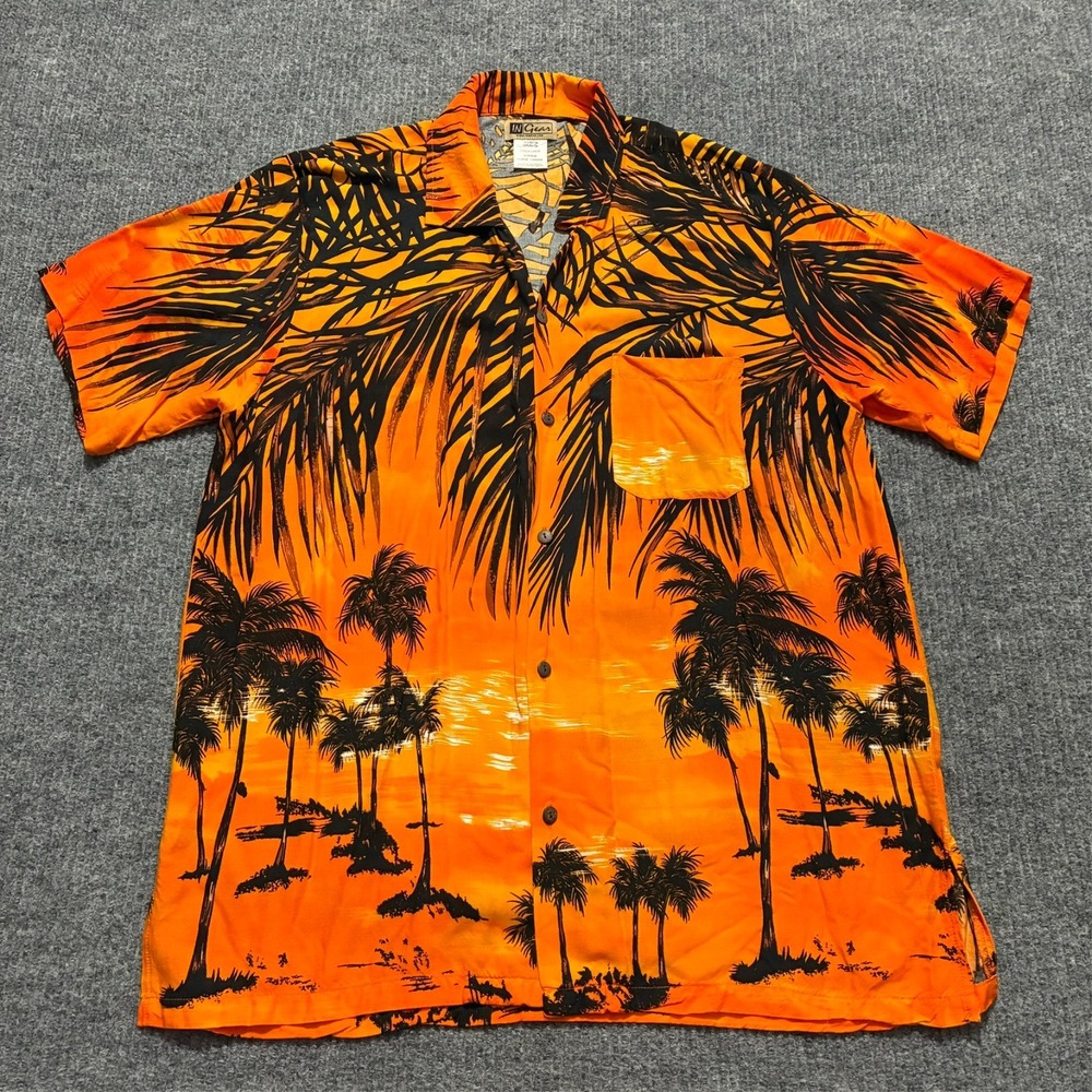 IN Gear Mens Button Up Shirt Size XL Black Orange Hawaiian Rayon Short Sleeve